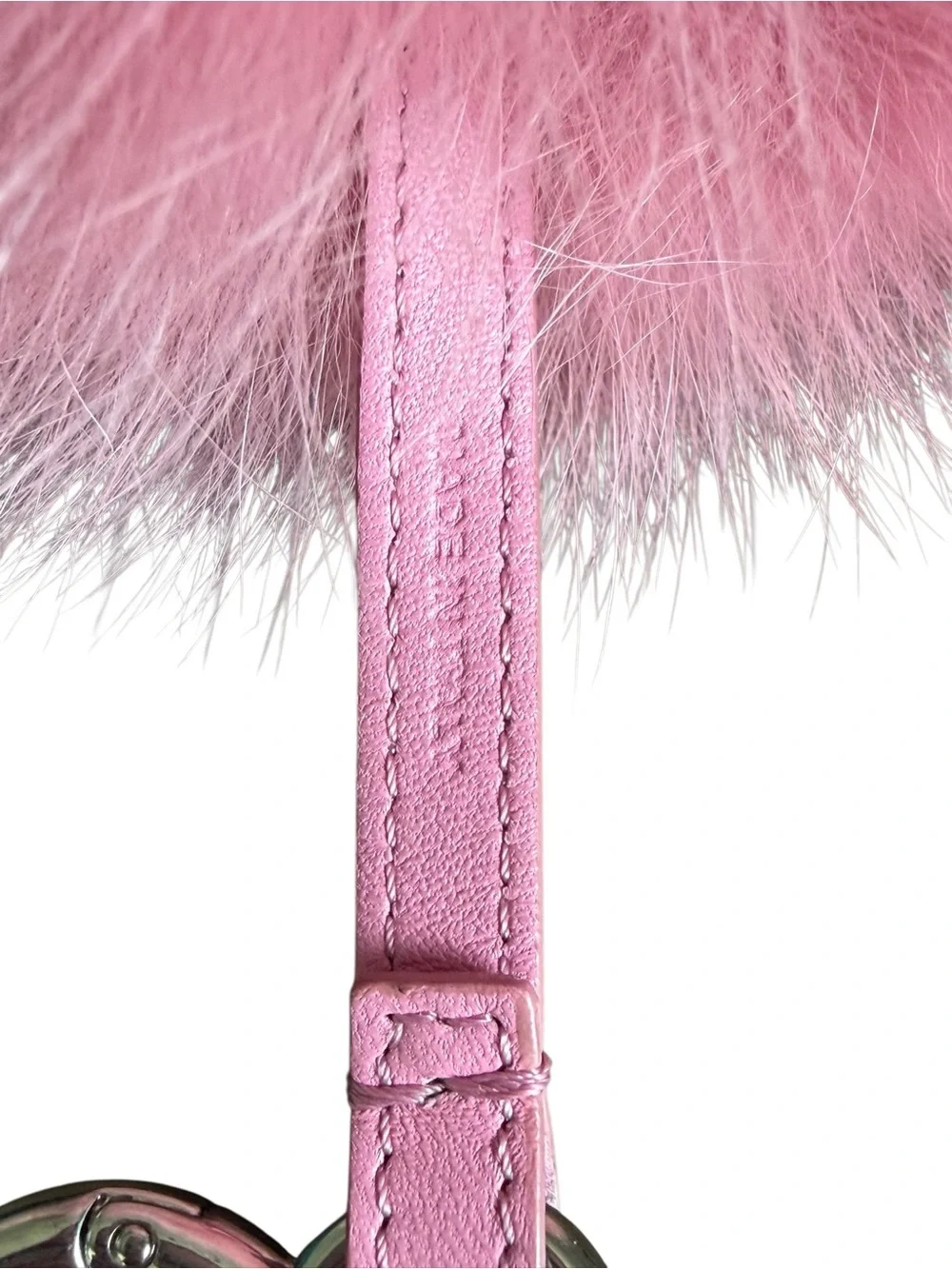 Authentic Fendi ABC Letter E Fox Fur Pom Pom Bag Charm Pink Navy Made in Italy